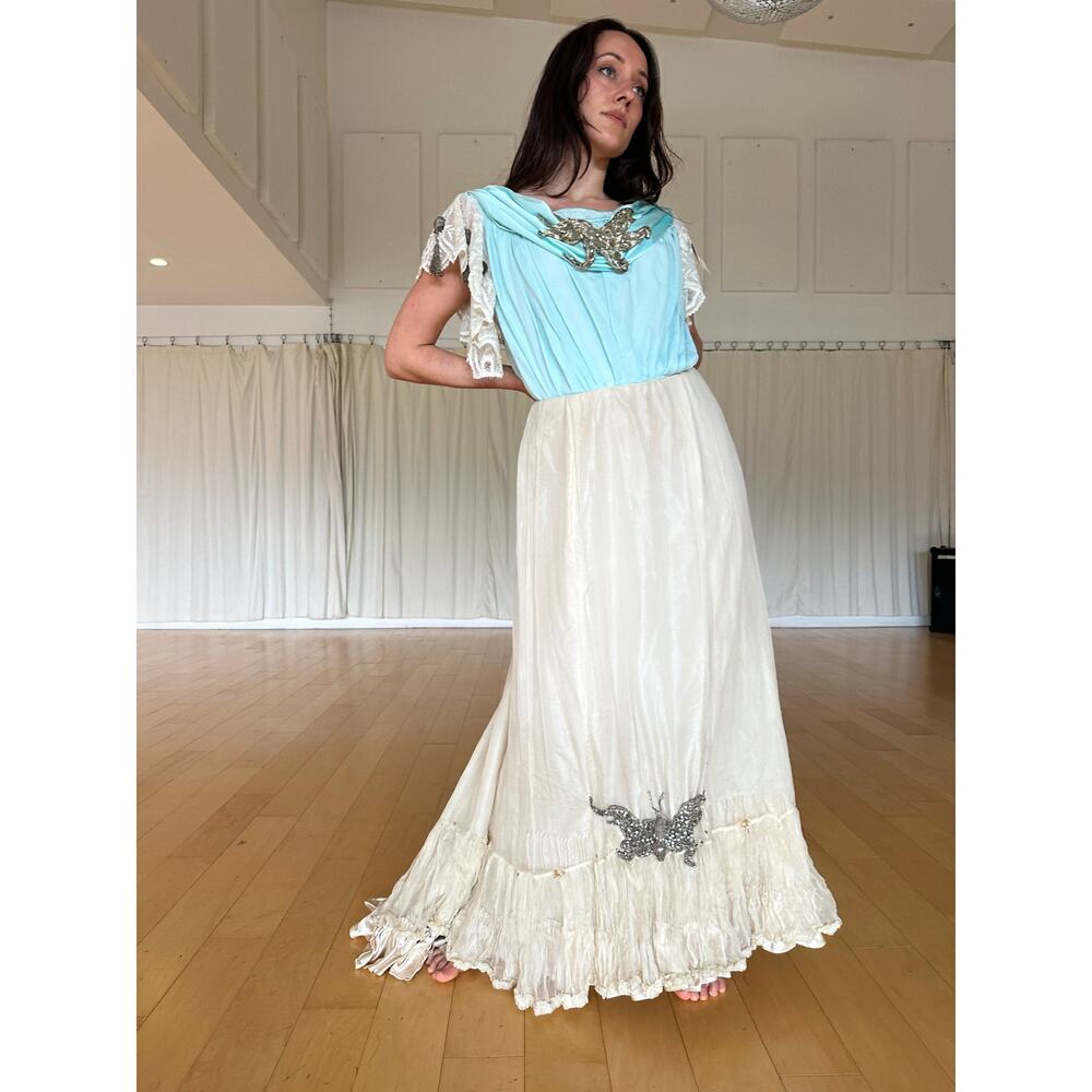 Women's Large Gown Aqua Ecru Silk Ball Gown Star Fish Rhinestone Ornaments 1905 - Picture 2 of 6